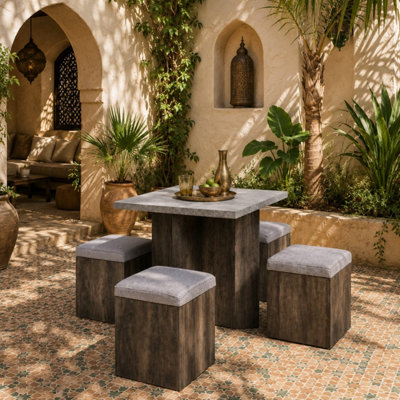 B&Q -  Nobael 5-Piece Square Dining Set With 4 Storage OttomansGrey Cushions And Wood-Grain Table
