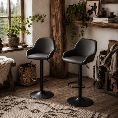 B&Q -  Falani Rado Set Of 2 Black Faux Leather Adjustable Bar Stools With Armrests