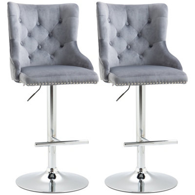 Wyld Haus Recoco Grey Velvet-Effect Adjustable Swivel Bar Stools Set Of 2 With Tufted Back And Nailhead Trim from B&Q