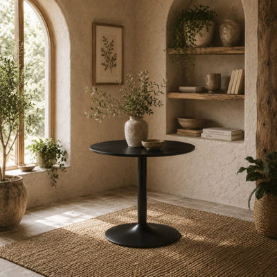 B&Q -  Reveva 70Cm Black Minimal Round Dining Table For 2Mdf Top With Steel Base