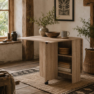 B&Q -  Vasufa Extendable Drop-Leaf Dining Table Natural Wood Effect Seats 4 To 6 With Shelves And Wheels