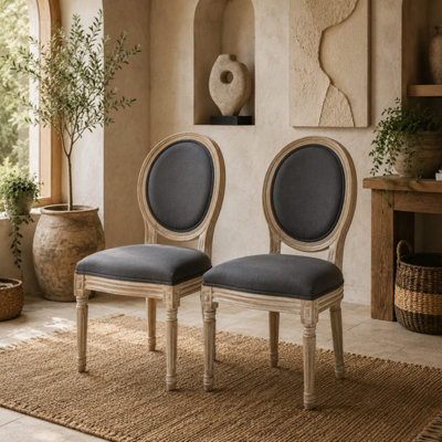 B&Q -  Razi Set Of 2 Grey French-Style Solid Wood Dining ChairsOval BackCarved Fluted Legs