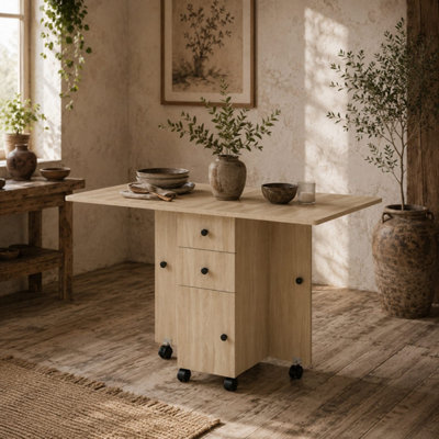 B&Q -  Tofaba Wood-Effect Drop Leaf Dining Table With Integrated StorageSeats 4-6Light Oak Effect