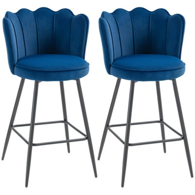 Wyld Haus Yovafi Set Of 2 Dark Blue Velvet-Feel Lotus Bar StoolsHigh BackArmlessPair from B&Q