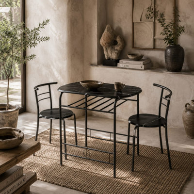 B&Q -  Tolo Black Compact 3-Piece Dining Set With Marble-Effect Tabletop And 2 Chairs