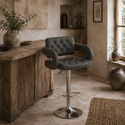 B&Q -  Saco Grey Faux Leather Adjustable Swivel Bar Stool With ArmrestsTufted SeatMetal Base61 X 50 X 113 Cm