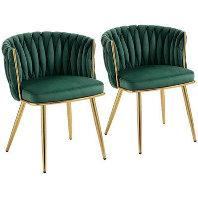 Wyld Haus Sosura Set Of 2 Dark Green Velvet-Feel Upholstered Dining Chairs With Woven Backrest from B&Q