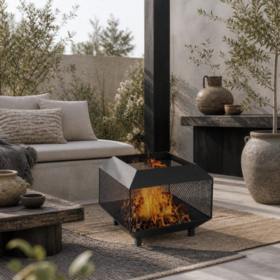 B&Q -  Dita 44Cm Steel Black Square Fire Pit With Mesh Lid And PokerFor Wood Or Charcoal