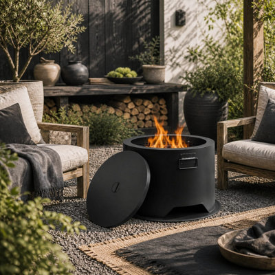 B&Q -  Ralarari 60Cm Steel Black Round Outdoor Fire Pit With Lid And Spark Guard