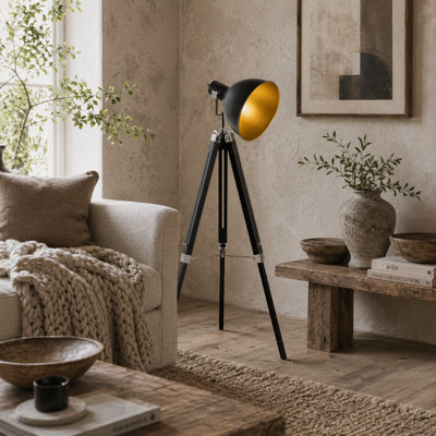 Wyld Haus Cono Black And Gold Adjustable Tripod Spotlight Floor Lamp 108 To 152Cm from B&Q