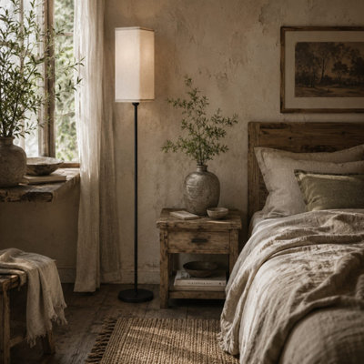 B&Q -  Sekafi 161.5Cm Black Metal Floor Lamp With Beige Faux Linen Shade And Foot Switch