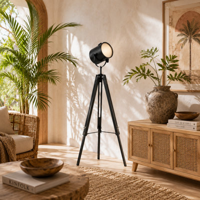 Wyld Haus Suta Black Wood And Metal Tripod Searchlight Floor Lamp With Adjustable Head And Height from B&Q