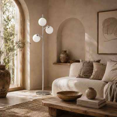 B&Q -  Kaniri 3-Light Tree Floor Lamp Silver Tone With Globe Glass ShadesAdjustable Colour Temperature 3000/4000/6000