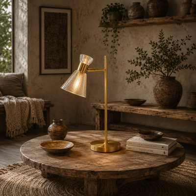 Wyld Haus Saha Gold Tone Modern Table Lamp With Adjustable Flower-Style HeadAmber Frosted GlassE27 from B&Q