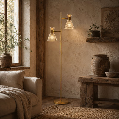 Wyld Haus Luno Dual-Head Floor Lamp Gold Tone With Ribbed Amber Frosted Glass Shades And Foot Switch from B&Q