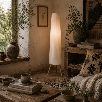 B&Q -  Liletti 153Cm Natural Wood-Style Tripod Floor Lamp With White Fabric Shade And 3-Level Led Dimmer