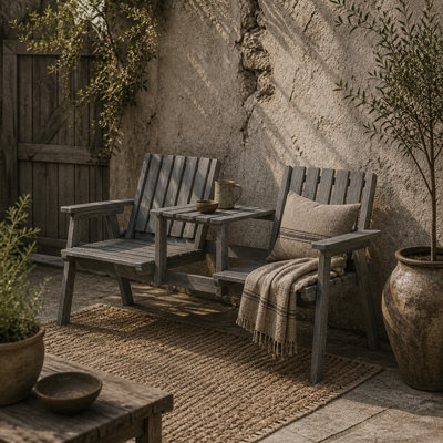 Wyld Haus Sasumi Grey 2-Seater Wooden Slatted Loveseat With Integrated Centre Table And Parasol Hole from B&Q