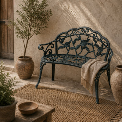 Wyld Haus Rakeba Cast Aluminium Antique Green 2-Seater Garden Bench With Floral Backrest100Cm from B&Q