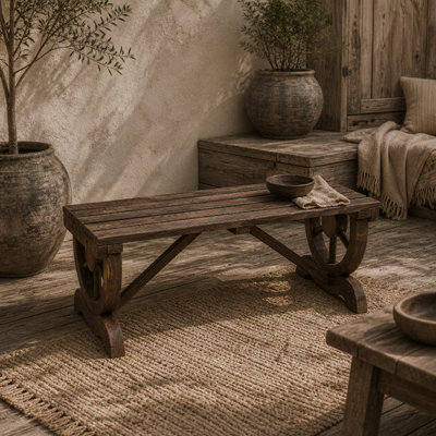 Wyld Haus Vini Wood Brown Rustic Two-Seater Garden Bench With Wagon Wheel Legs And Slatted SeatL98 X D50 X H39.5Cm from B&Q