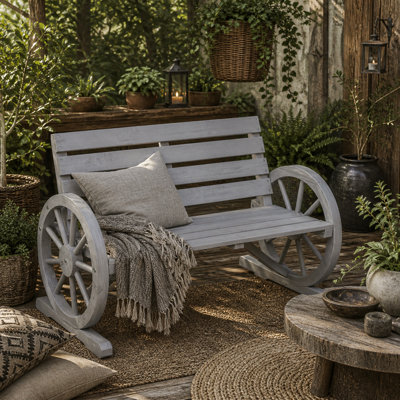 Wyld Haus Linifi Grey Rustic 2-Seater Garden Bench With Wagon Wheel Arms And High Back from B&Q