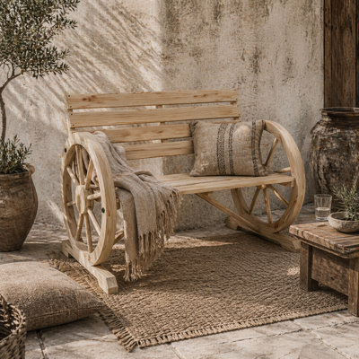 Wyld Haus Hata Zilu Natural Fir Wooden Wagon Wheel Garden BenchTwo-Seater Loveseat With Armrests from B&Q