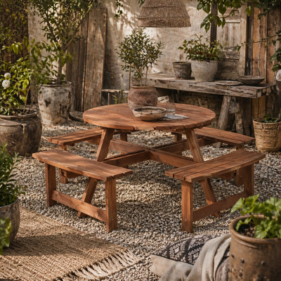 Wyld Haus Bataba Brownish Red Fir Wood 8-Seater Round Outdoor Picnic Table Set With Parasol HoleL178 X W178 X H70Cm from B&Q
