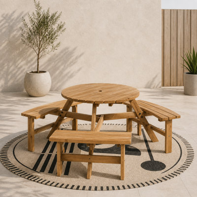 Wyld Haus 6-Seater Round Wooden Picnic Table With 3 Connected Benches And Parasol HoleBrown-Red from B&Q
