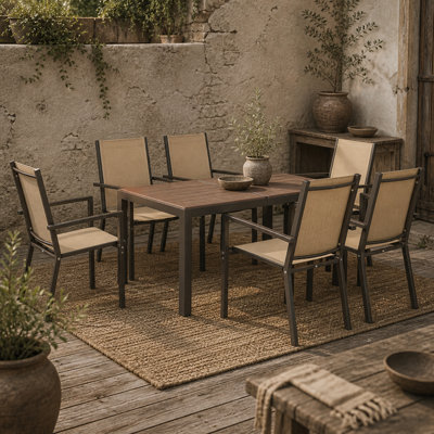 Wyld Haus Basoli 7-Piece Garden Dining Set6 Stackable Khaki Armchairs With Brown Rectangular Table 150 X 90 Cm from B&Q