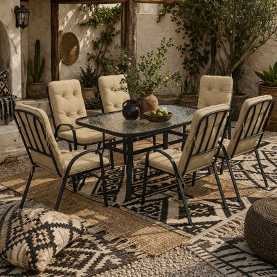 Wyld Haus Seriva 7-Piece Cream Garden Dining Set6 Cushioned Chairs With Black Metal Frame And Tempered Glass Table from B&Q