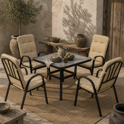 Wyld Haus Sukeco Luve 4-Seater Cream Outdoor Square Garden Dining Set With Tempered Glass And Parasol Hole from B&Q