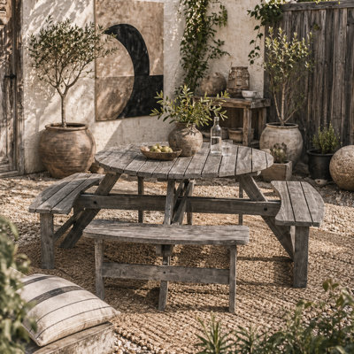 Wyld Haus Neel 8-Seater Grey Round Wood Garden Picnic Set With Parasol HoleTable And 4 Benches from B&Q