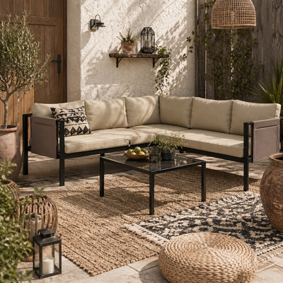Wyld Haus Cichetti 5-Seater Khaki Corner Garden Sofa Set With Tempered Glass Coffee Table And Cushions from B&Q