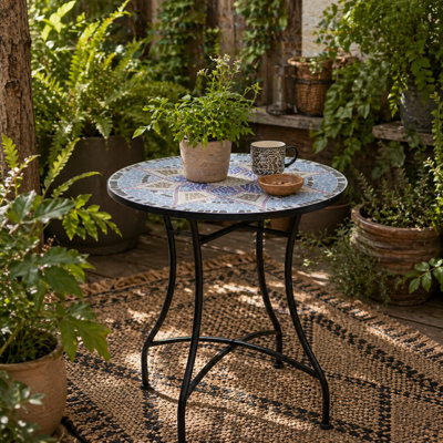 Wyld Haus Makema 60Cm Blue And White Ceramic Mosaic Round Outdoor Bistro Table from B&Q