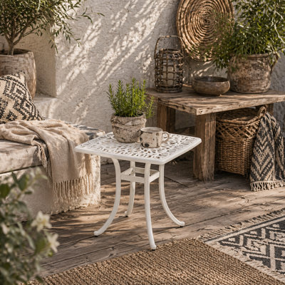Wyld Haus Zisu 53Cm White Cast Aluminium Square Outdoor Bistro Table With Parasol Hole from B&Q
