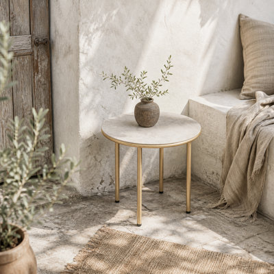 Wyld Haus Bake Round Side Table 60CmBeige Faux Marble Tempered Glass TopSteel Frame from B&Q