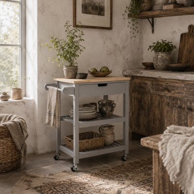 Wyld Haus Vena Grey And Natural Kitchen Trolley With Rubberwood WorktopDrawer And Shelves from B&Q