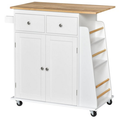 Wyld Haus Rubberwood Top Kitchen Island On Wheels With DrawersCabinetSpice Rack And ShelvesWhite And Natural Wood from B&Q