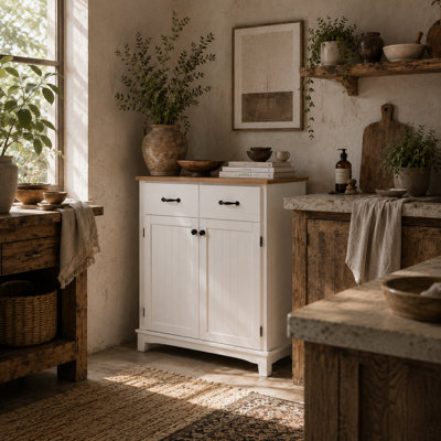Wyld Haus Vamalu White Sideboard With Natural Rubberwood Top2 Drawers And Cabinet74Cm X 40Cm X 94Cm from B&Q