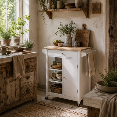 Wyld Haus Yota Wooden Kitchen Island Trolley On Wheels With Rubberwood TopDrawerShelves And CupboardWhite And Natural from B&Q