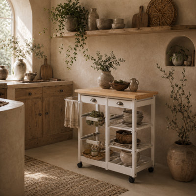 Wyld Haus Lelifa White Rolling Kitchen Island Trolley With Drawers Shelves Baskets And Wine Rack from B&Q