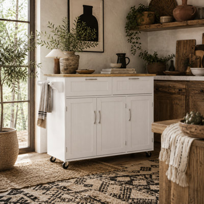 Wyld Haus Nave Wooden White Kitchen Island With 2 Drawers And 3 DoorsNatural Rubberwood Top from B&Q