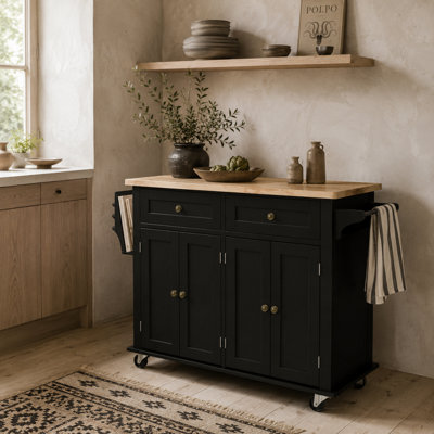 Wyld Haus Telatti Black Rolling Kitchen Island With Rubberwood TopDrawers And CabinetsL111 X D44.5 X H82.5Cm from B&Q