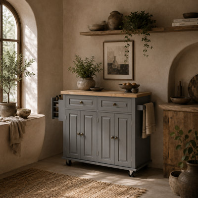 Wyld Haus Lenevi Grey And Natural Rolling Kitchen Island Trolley With Drawers And Storage1110X445X825mm from B&Q