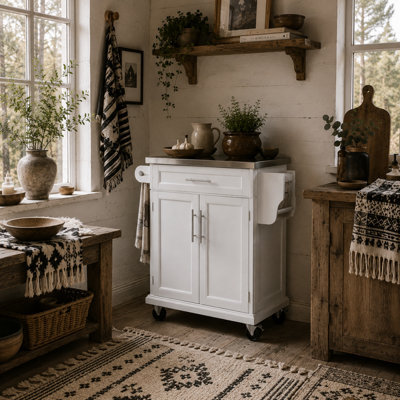 Wyld Haus Nenapa White Kitchen Island On Wheels With Stainless Steel TopDrawer And Side Rack from B&Q