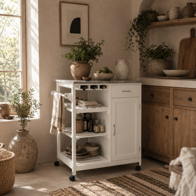 Wyld Haus Sohavi White Compact Kitchen Trolley With Marble-Effect TopWine RackDrawer And Open Shelves from B&Q