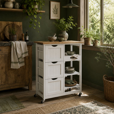 Wyld Haus Lonoronno Compact White Rolling Kitchen Island With Natural Wood Top3 Drawers3 Shelves from B&Q