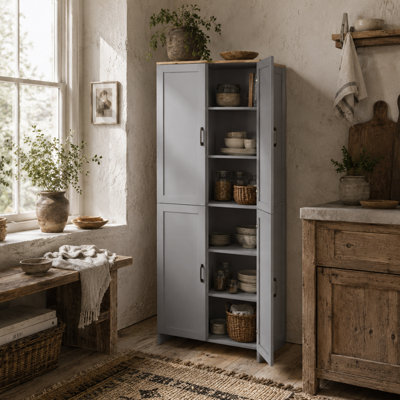 Wyld Haus Keketa 171Cm Grey 4-Door Tall Kitchen Pantry Cabinet With Natural Wood-Effect Top from B&Q