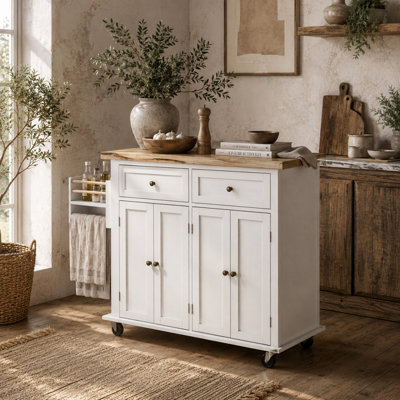 Wyld Haus Viratto White Rolling Kitchen Island With Varnished Rubberwood TopDrawers And Cabinets111 X 44.5 X 82.5 Cm from B&Q