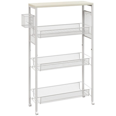 Wyld Haus Else Lune Slim 3-Tier Kitchen Cart With Steel Wire BasketsWhite And Maple Wood-Effect from B&Q