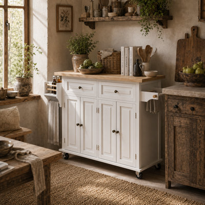 Wyld Haus Vivali Cream White Rolling Kitchen Island With Varnished Rubberwood TopDrawers And Storage111W X 44.5D X 82.5H Cm from B&Q